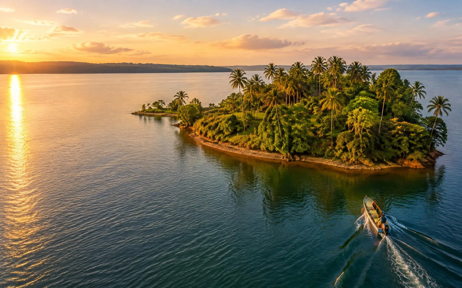 Artist’s impression of a sunlit island and approaching boat on Lake Volta